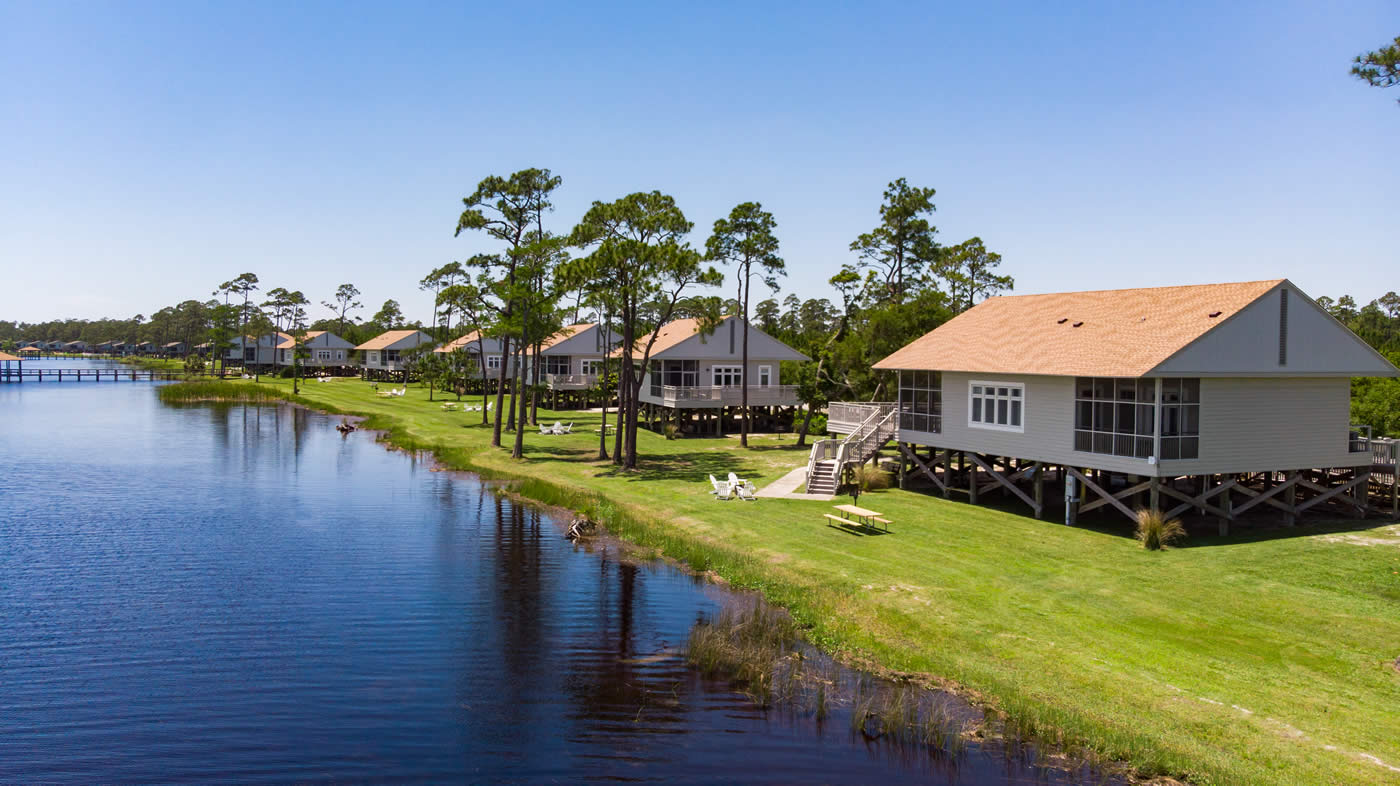 aerial shot of the cottages of on Lake Shelby